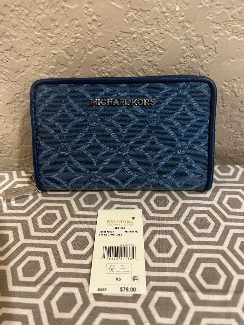 Michael Kors jet set HRI BLU MLTI sm za card case Wallet with silver Hardware